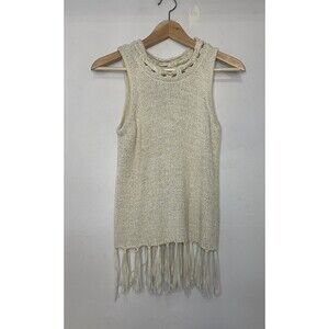 Pepin Women's XS cream sweater knit tank top with woven detailing & fringe